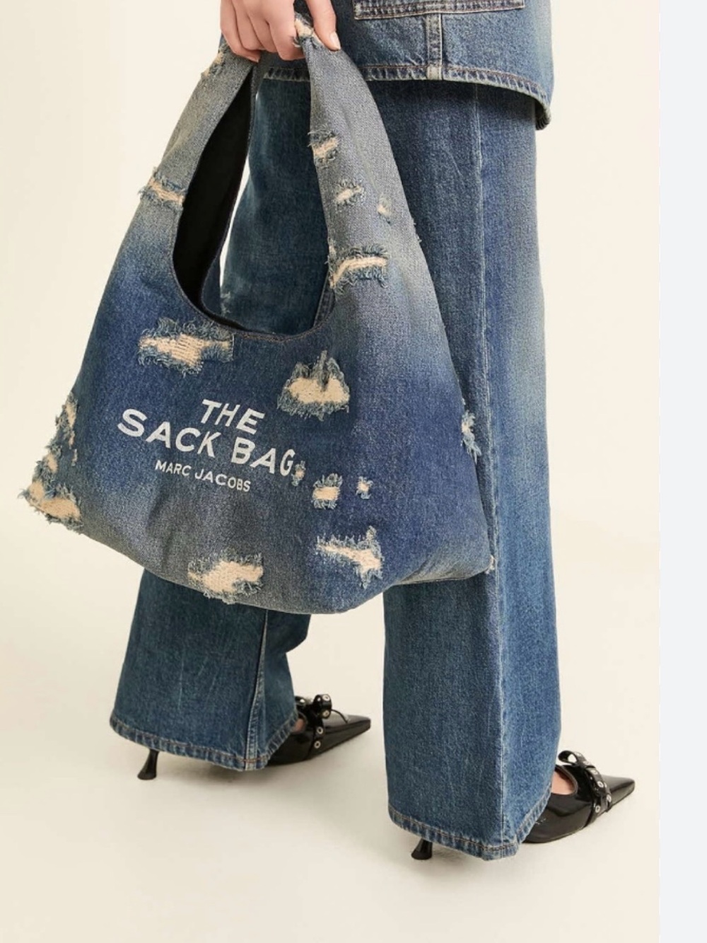 Marc Jacobs Distressed Denim Sack Shoulder Bag in Blue and White